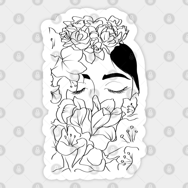 Woman face with flowers line art Sticker by metisartdesign